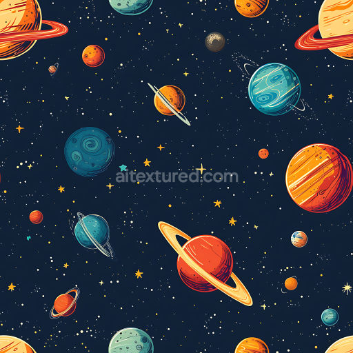 Seamless 3D Space PBR Texture Featuring Colorful Cartoon Planets and Starfield