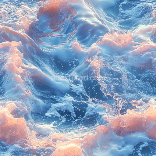 Seamless 3D Water PBR Texture Featuring Dynamic Ocean Waves and Foam with Soft Pink Highlights