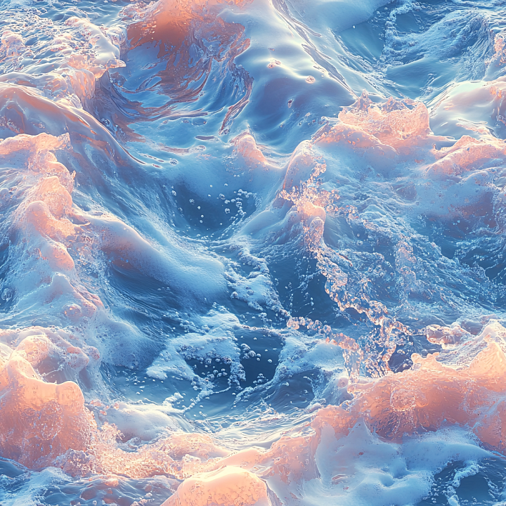 Water Featuring Dynamic Ocean Waves and Foam with Soft Pink Highlights seamless PBR texture preview