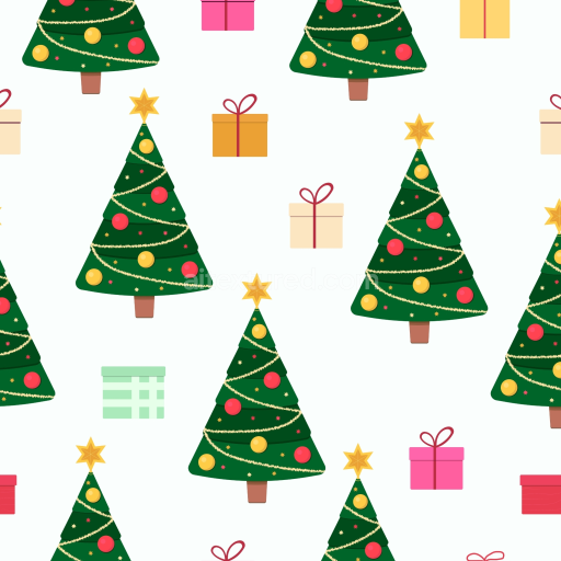 Seamless 3D PBR Christmas digital paper texture featuring decorated trees and gift boxes
