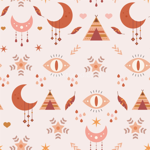 Seamless 3D PBR Fabric Texture Featuring Boho Mystic Moon, Eye & Teepee Pattern
