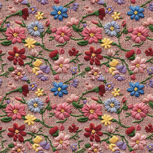 Seamless 3D PBR Texture of Multicolor Floral Embroidery on Pink Knit Fabric