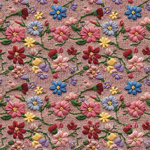 Embroidered Floral Texture of Multicolor Floral Embroidery on Pink Knit Fabric seamless Embroidered floral PBR texture