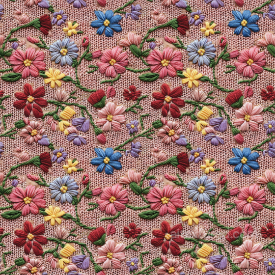 Embroidered Floral Texture of Multicolor Floral Embroidery on Pink Knit Fabric Embroidered floral texture preview