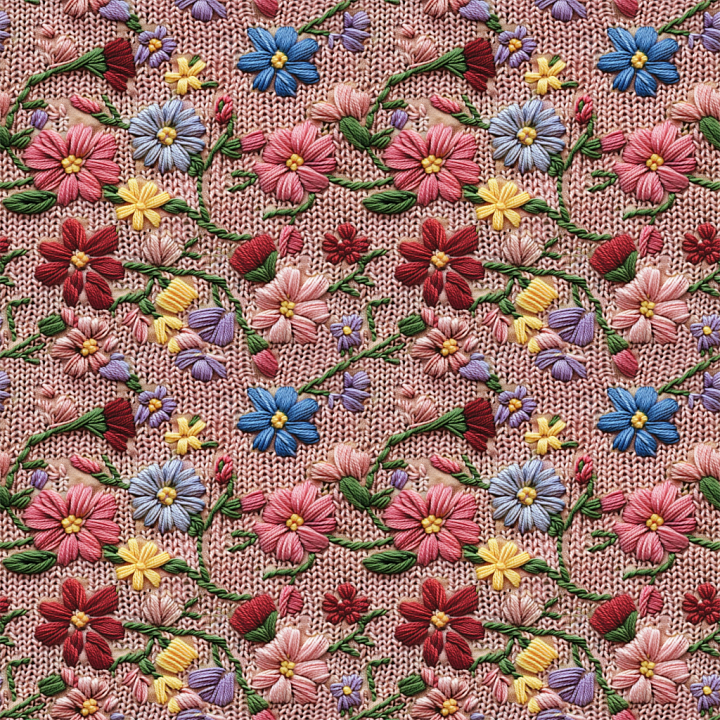 Embroidered Floral of Multicolor Floral Embroidery on Pink Knit Fabric seamless PBR texture preview