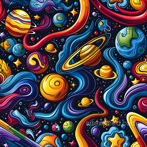 Space PBR Texture Featuring Stylized Cartoon Planets and Vibrant Nebulae seamless Star, space, planets PBR texture