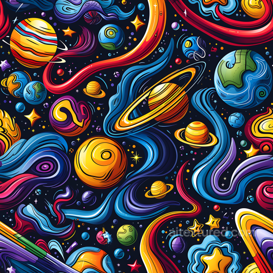 Space PBR Texture Featuring Stylized Cartoon Planets and Vibrant Nebulae Star, space, planets texture preview