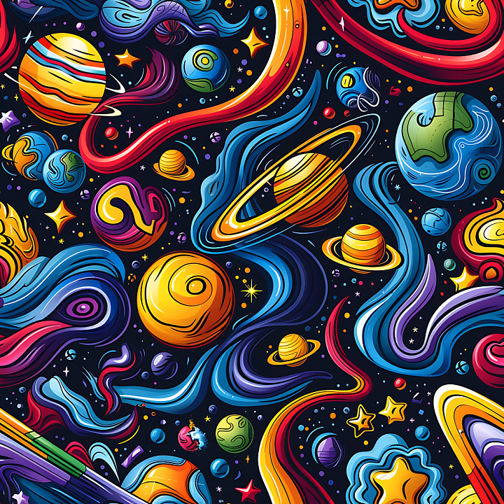 Space Featuring Stylized Cartoon Planets and Vibrant Nebulae seamless PBR texture preview