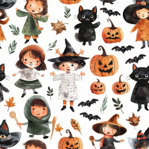 Seamless 3D PBR Texture Featuring Watercolor Halloween Characters and Pumpkins