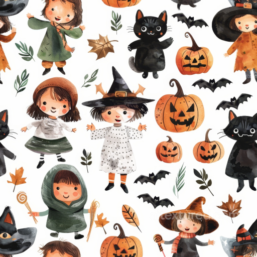Featuring Watercolor Halloween Characters and Pumpkins seamless Watercolor Halloween PBR texture