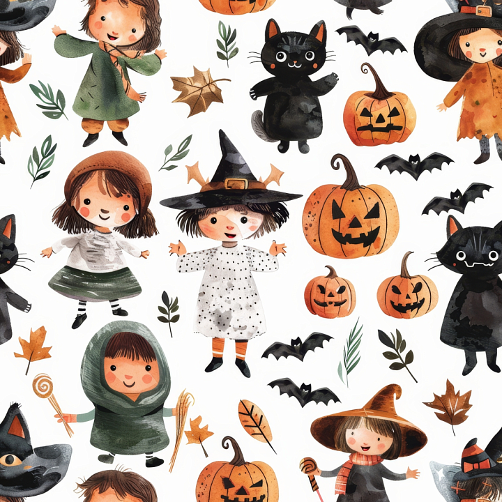 Featuring Watercolor Halloween Characters and Pumpkins seamless PBR texture preview