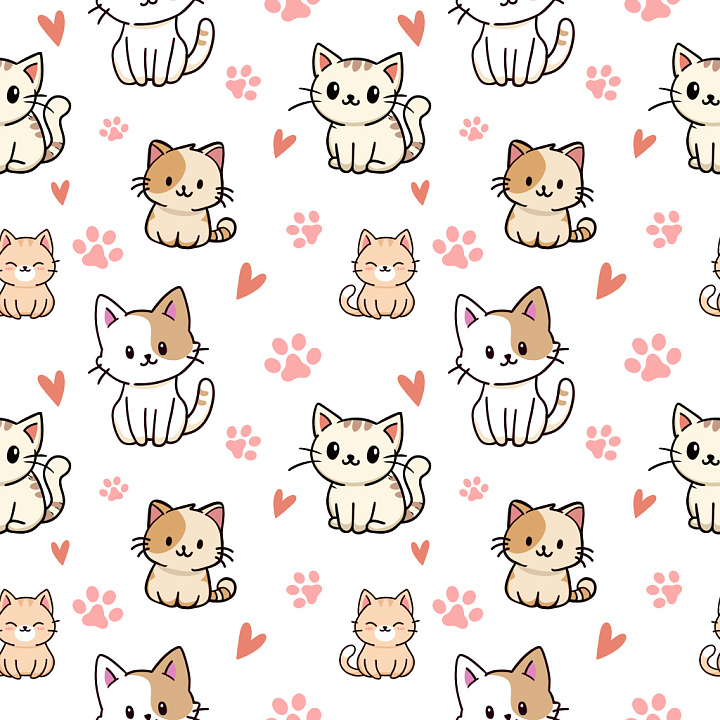 Pattern Featuring Cute Cartoon Cats and Pink Hearts seamless PBR texture preview