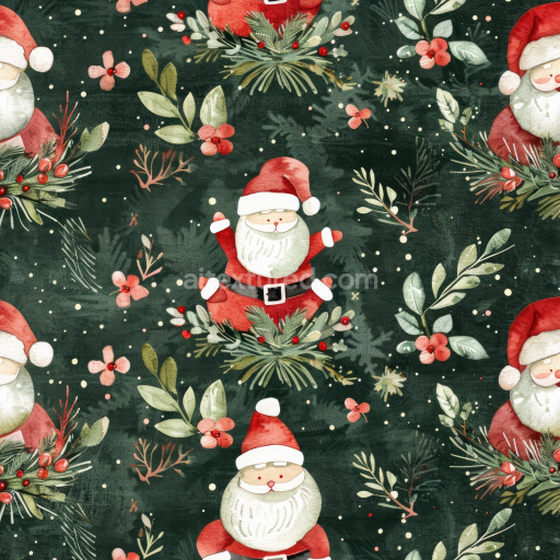 Seamless 3D PBR Christmas Watercolor Texture with Santa Claus and Holiday Foliage