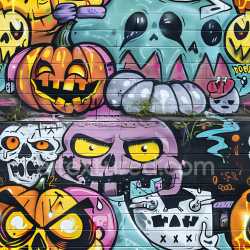 seamless Seamless 3D PBR texture of vibrant Halloween-themed graffiti with cartoon skulls and pumpkins texture 8k free download PBR