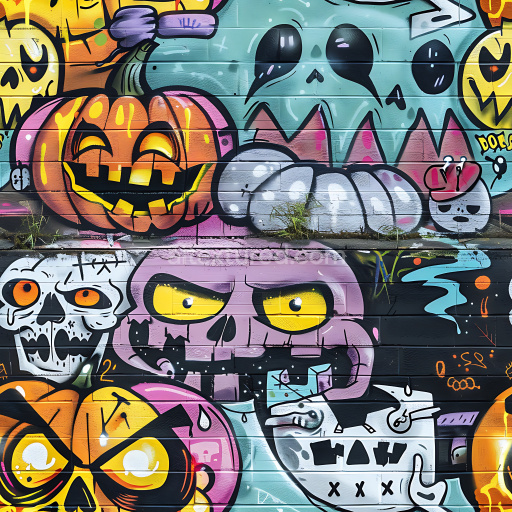 Seamless 3D PBR texture of vibrant Halloween-themed graffiti with cartoon skulls and pumpkins