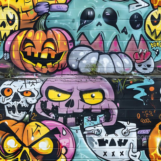 Of Vibrant Halloween-Themed Graffiti With Cartoon Skulls And Pumpkins Graffiti texture preview