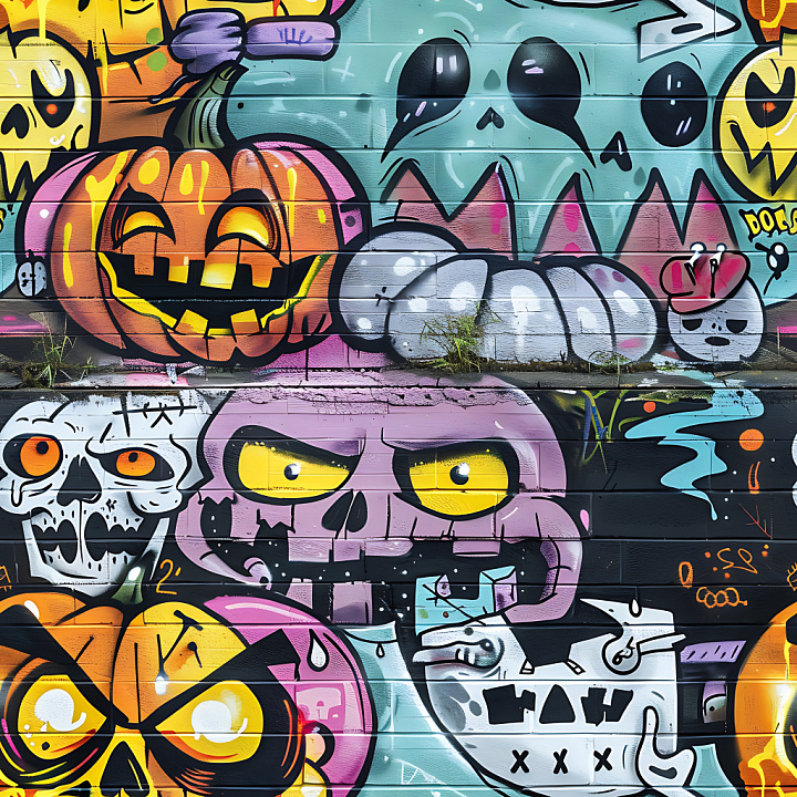 Of Vibrant Halloween-Themed Graffiti With Cartoon Skulls And Pumpkins seamless PBR texture preview