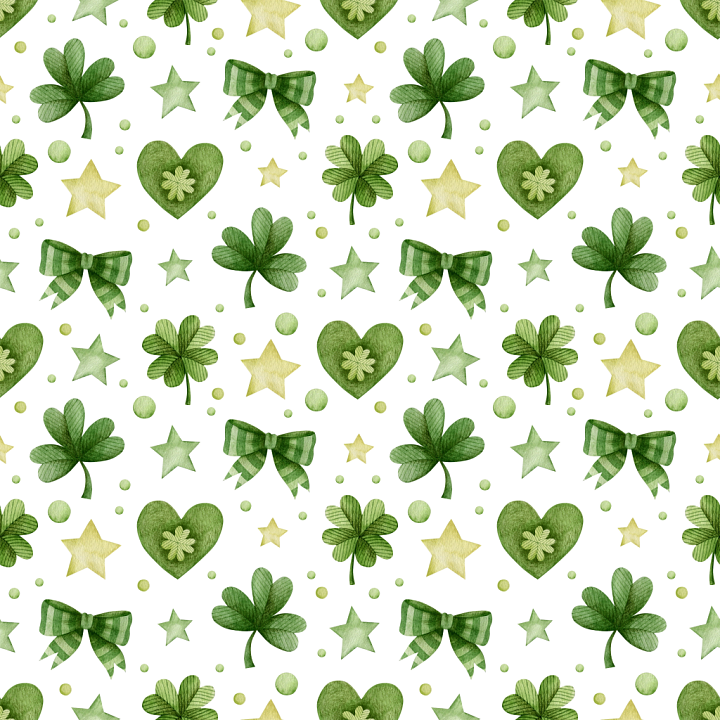 Featuring St Patrick Green Shamrocks and Stars on White Background seamless PBR texture preview