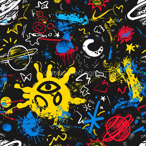 Seamless 3D PBR Graffiti Texture Featuring Abstract Space and Sketch Art in Red, Blue, Yellow