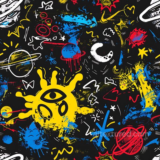 Seamless 3D PBR Graffiti Texture Featuring Abstract Space and Sketch Art in Red, Blue, Ye… texture preview
