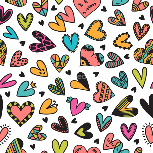 Seamless 3D PBR Texture of Colorful Hand-drawn Heart Doodles