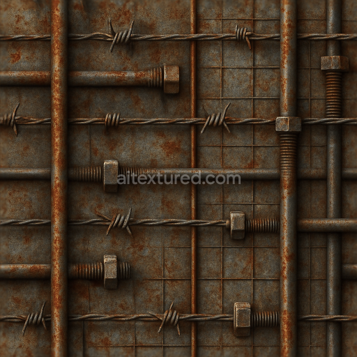 Preview — Seamless 8k 3d texture pbr barbed wire fence with corroded metal and metal bolts on steel rods
