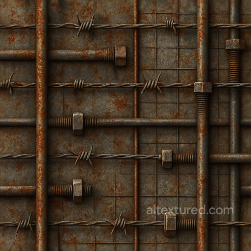 Seamless 8K 3D Texture PBR Barbed Wire Fence With Corroded Metal And Metal Bolts On Steel… seamless Fences PBR texture