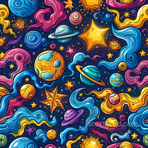 Cartoon Style Cosmic Space PBR Texture with Planets and Nebulae seamless Star, space, planets PBR texture