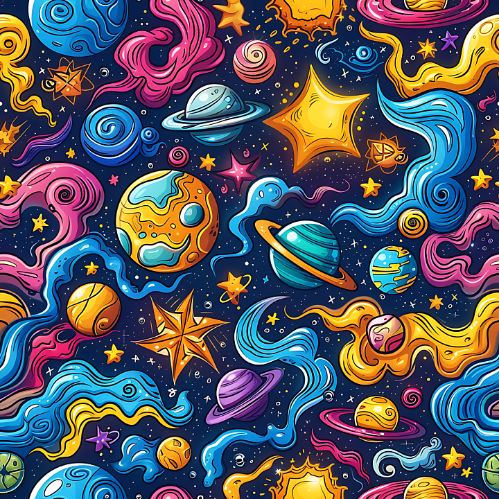 Cartoon Style Cosmic Space with Planets and Nebulae seamless PBR texture preview
