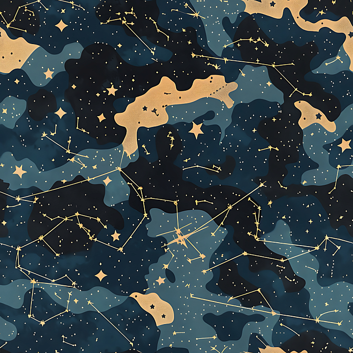 Cosmic Starry Camouflage with Constellation Motifs and Dark Blue Tones seamless PBR texture preview