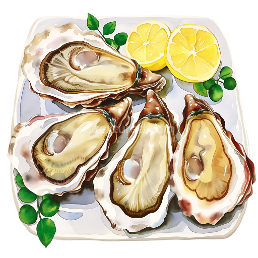 Detailed Breakfast Graphic of Fresh Oysters with Lemon Slices and Greens