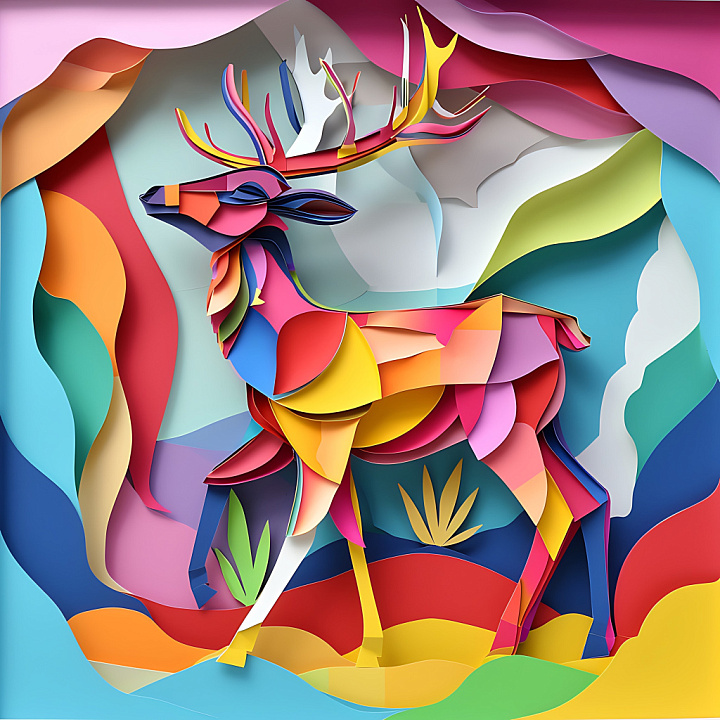 Animal of Colorful Origami-Style Deer with Abstract Paper Layers seamless PBR texture preview