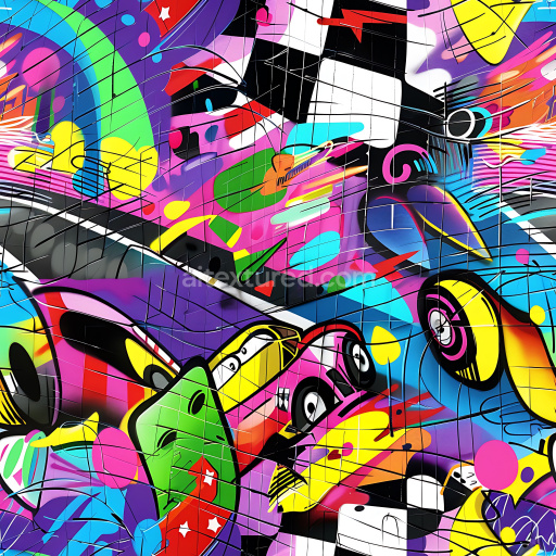 Seamless 3D PBR Texture of Colorful Urban Graffiti on Wall Tiles