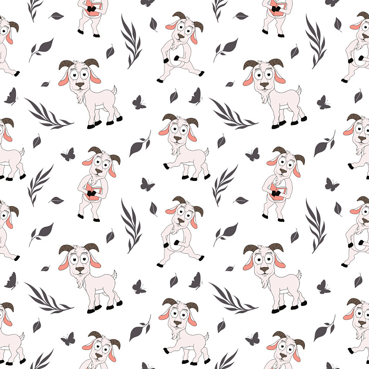 Pattern Featuring Playful Goat Characters and Botanical Motifs seamless PBR texture preview