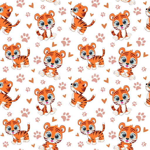 Pattern Bundle - Seamless 3D Pattern PBR Texture Featuring Cute Cartoon Tiger Motifs with Heart and Paw Pr… texture preview