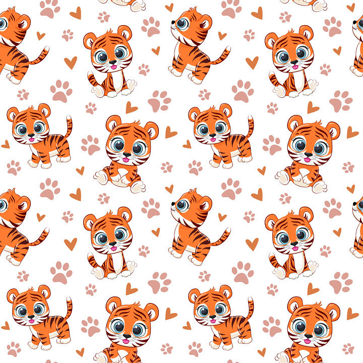 Pattern Featuring Cute Cartoon Tiger Motifs with Heart and Paw Prints seamless PBR texture preview