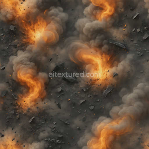 Seamless 8k PBR 3d texture showing blast fragments with cinder pile and fire smoke