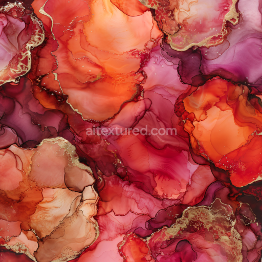 Seamless 3D Alcohol Ink PBR Texture Featuring Red and Gold Fluid Swirls