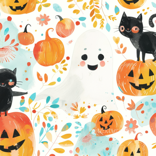 Watercolor Halloween Fabric Texture with Pumpkins and Ghosts seamless Watercolor Halloween PBR texture