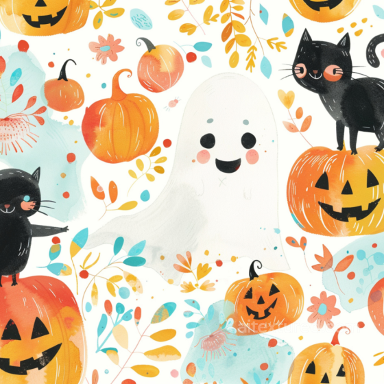Watercolor Halloween Fabric Texture with Pumpkins and Ghosts Watercolor Halloween texture preview