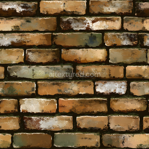 Seamless 3D Cracked and Weathered Brick Wall PBR Texture with Stains and Moss