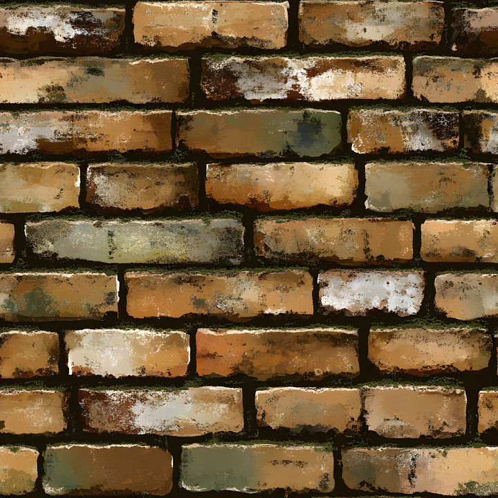 Cracked and Weathered Brick Wall with Stains and Moss seamless PBR texture preview