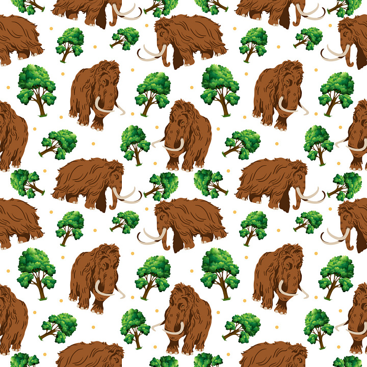 Pattern Featuring Cartoon Mammoths and Green Trees seamless PBR texture preview