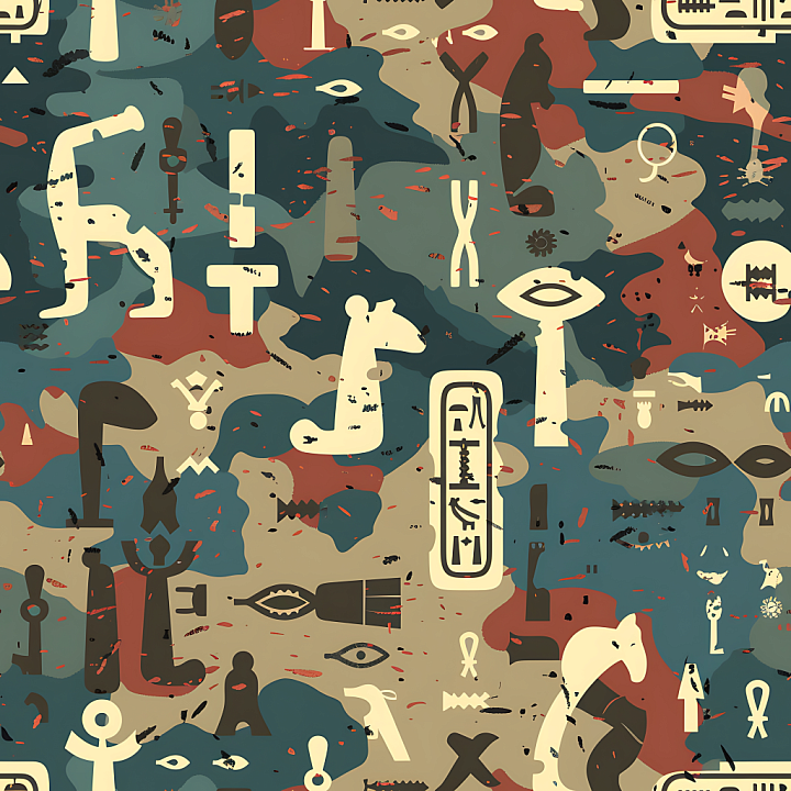 Stylized Ancient Symbol Camouflage with Abstract Organic Shapes and Mut… seamless PBR texture preview