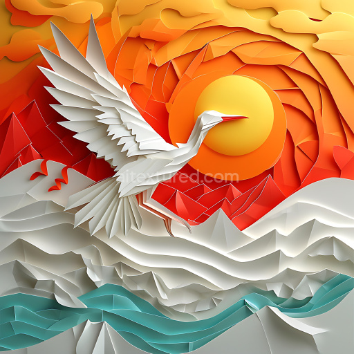 Seamless 3D PBR Texture Featuring Origami-Style Crane and Vibrant Gradient Background