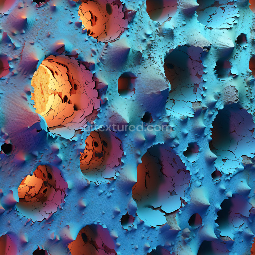 Seamless 3D cracked and holed synthetic surface PBR texture with vivid contrasting colors and rough, fractured pattern
