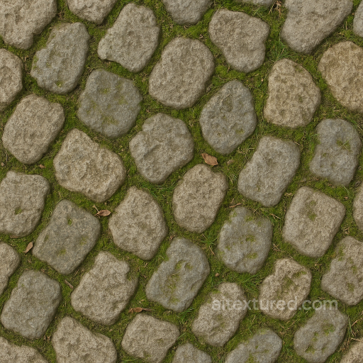 Cobblestone Irregular With Moss Patches And Rough Wear Surface seamless Park pavement PBR texture