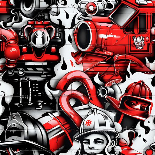 Seamless 3D PBR Graffiti Texture Featuring Red and Black Firefighter Illustrations on Con… texture preview