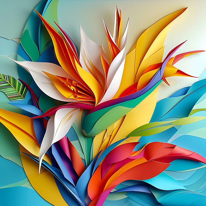Featuring Vibrant Birds Of Paradise Origami Style seamless PBR texture preview