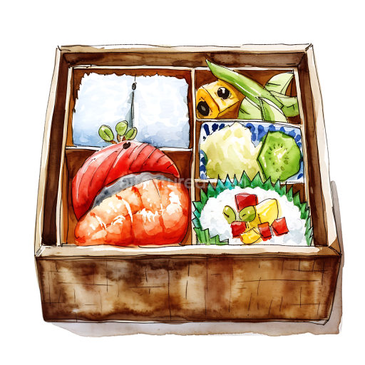 Japanese Bento Box Breakfast Illustration with Sushi and Fresh Vegetables